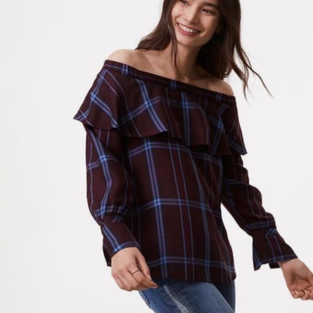 NWT LOFT Plaid Ruffle Off The Shoulder Top Holiday